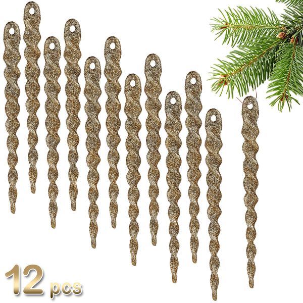 Brubaker Decorazione Albero Ghiaccioli Glitter - Decorazione Albero Di Natale - 13 Cm Decorazione Albero Di Natale Infrangibile - Decorazione Albero Di Natale, 12 Pezzi, Oro-image