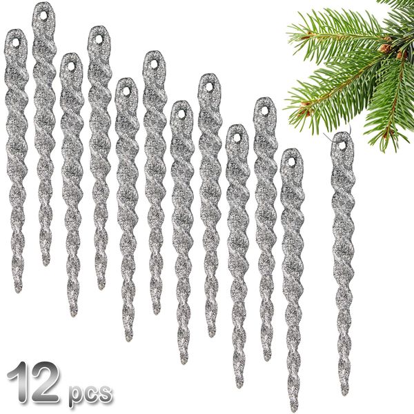 Brubaker Decorazione Albero Ghiaccioli Glitter - Decorazione Albero Di Natale - 13 Cm Decorazione Albero Di Natale Infrangibile - Decorazione Albero Di Natale, 12 Pezzi, Argento-image