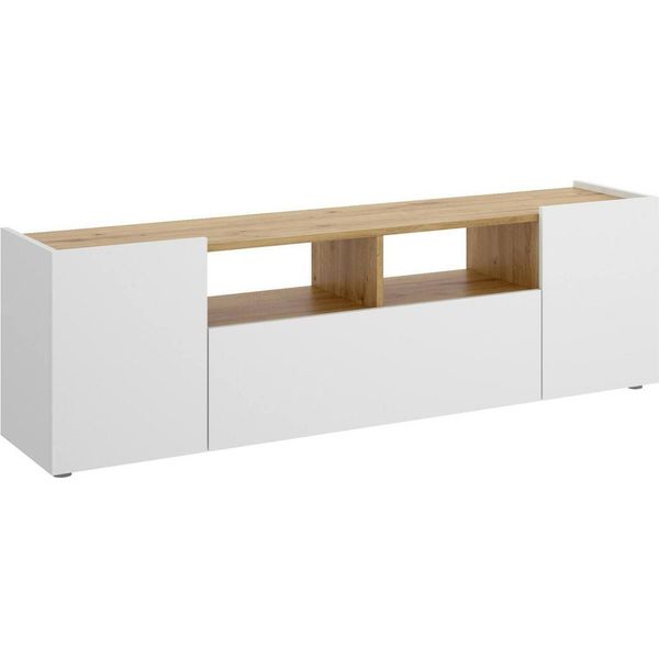 Dmora Mobile Porta Tv Vulcano 34.7X141.7X43.8H Cm Bianco, Apertura Battente E A Ribalta 2 Vani-image