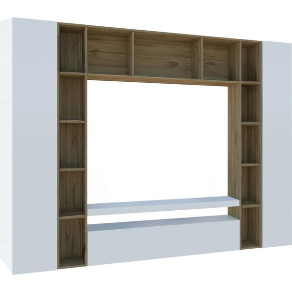 Dmora Parete Attrezzata Austis 35X270X210H Cm Bianco Lucido, Apertura Battente E A Ribalta 26 Vani Italy-image