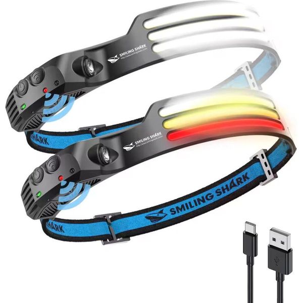Smiling Shark Headlamp, 230°Wide Angle 3*Colour Led Strip 2 Piece Headlight Rechargeable With Waterproof Headlamp Camping Jogging Fishing, Headlamp-Led-Headlight-Camping-Headlamp-image