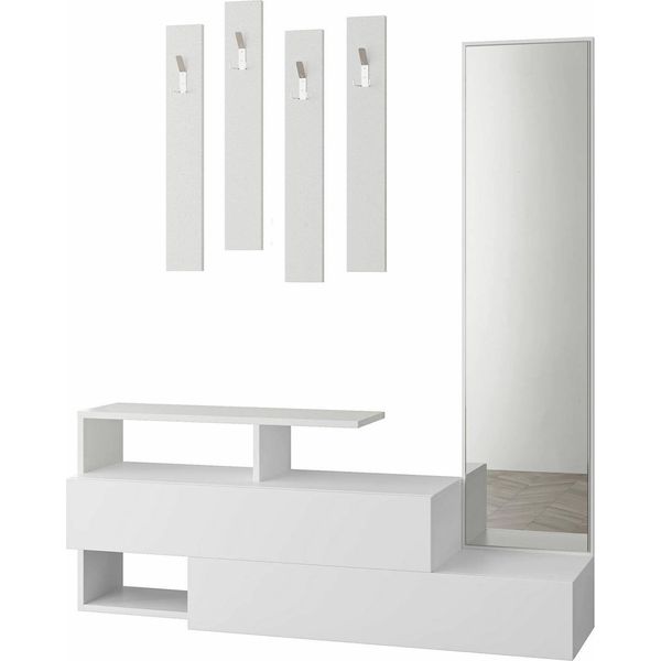 Dmora Mobile Da Ingresso Ofel 35X137X54.5H Cm Bianco, Specchio Incluso Appendiabiti-image