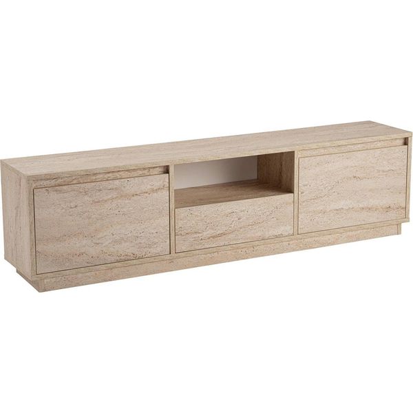 Dmora Mobile Porta Tv Morrigan 29.5X160X42H Cm Beige, Apertura A Ribalta 4 Vani-image