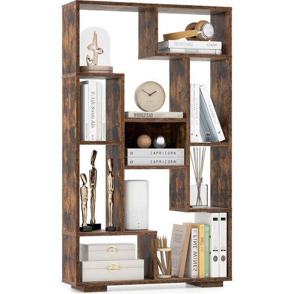Libreria Costway 120 Cm, Scaffale In Piedi, Scaffale Multiuso In Legno, Scaffale Portaoggetti Con 9 Scomparti, Protezione Antiribaltamento, Marrone-image
