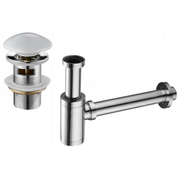 Mexen Mezzo Sifone Per Lavabo Rotondo Con Tappo In Ceramica Clic-Clac, Con Troppopieno, Cromo/Bianco - 7992050-02-image