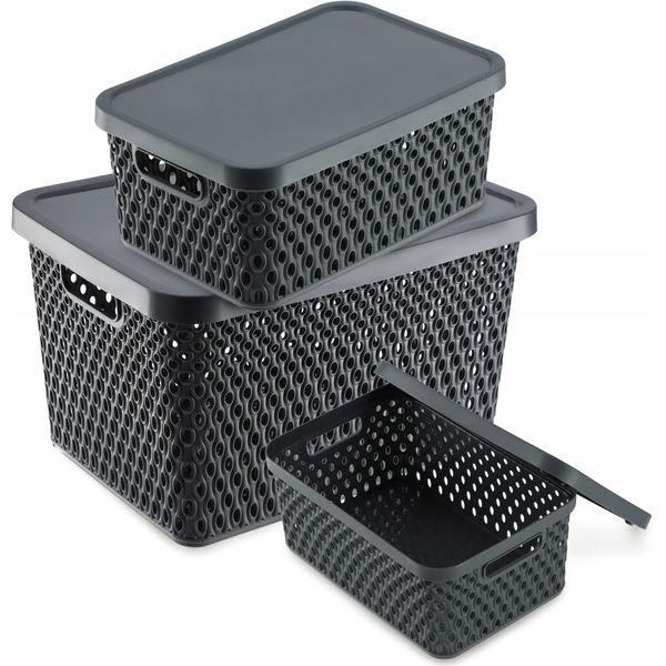 Cestino Portaoggetti Kadax, Cestino Con Coperchio, Scatola Portaoggetti, Scatola Portaoggetti In Plastica (Set Di 3: 4,5L,12L,18L, Grigio)-image