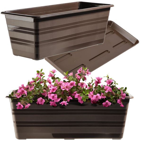 Fioriera Kadax Con Piattino "Cati"", In Plastica, Vaso Da Fiori Per Balcone, Terrazza, Davanzale, 40 Cm, Marrone"-image