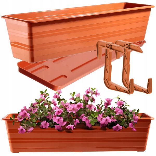 Fioriera Kadax Con Base E Portacassette Da Balcone "Cati"", In Plastica, Vaso Da Fiori Per Balcone, 60 Cm, Terracotta"-image