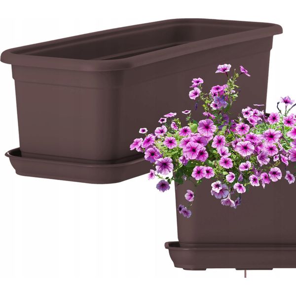 Fioriera Kadax Con Piattino "Evron"", In Plastica, Vaso Per Fiori Per Balcone, Terrazza, Davanzale, 40 Cm, Marrone"-image