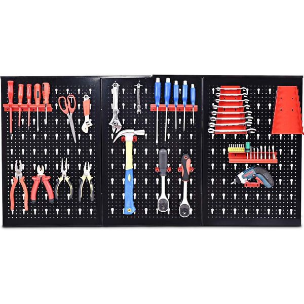 Costway Parete Attrezzi Parete Forata Parete Officina Con Set Portautensili Da 17 Pezzi Assortimento Di Portautensili 3 Piastre Forate Metallo 120X60Cm Espandibile-image