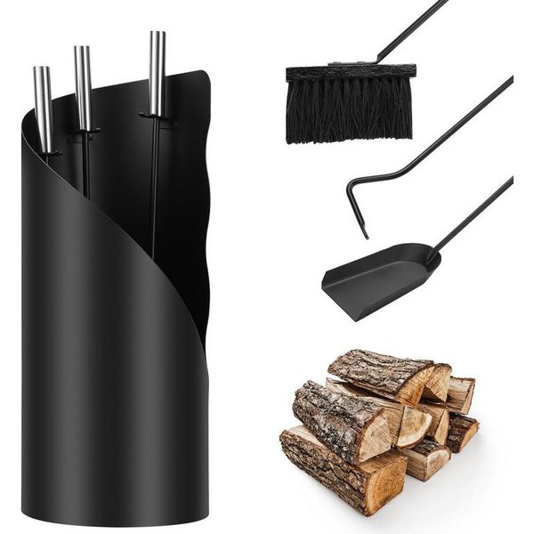 Fiqops Set Camino 4 Pezzi Accessori Camino - Design Moderno, Rivestito, Set Camino Di Alta Qualità Composto Da 4 Parti: Scopa, Pala, Attizzatoio, Cavalletto Manici In Acciaio Inox , Nero-image
