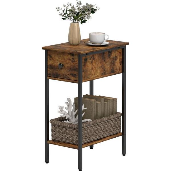 Fortuna Lai Tavolino Con Ripiano Aperto E Cassetto, Comodino, Gambe In Metallo, Legno, Marrone-image