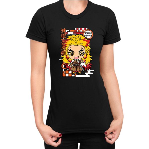 Maglietta Da Donna Demon Anime Slayer Kimetsu No Yaiba Chibi Kyojuro Rengoku, Lady Xl , Noir-image