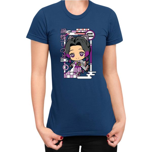 Maglietta Da Donna Demon Anime Slayer Kimetsu No Yaiba Chibi Kocho Shinobu, Lady L , Bleu Foncé-image