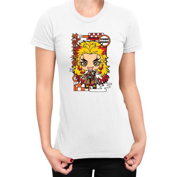 Maglietta Da Donna Demon Anime Slayer Kimetsu No Yaiba Chibi Kyojuro Rengoku, Lady L , Blanc-image