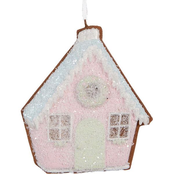 Clayre & Eef Etichetta Natalizia Casetta Di Pan Di Zenzero 9X1X10 Cm Rosa Blu Plastica-image