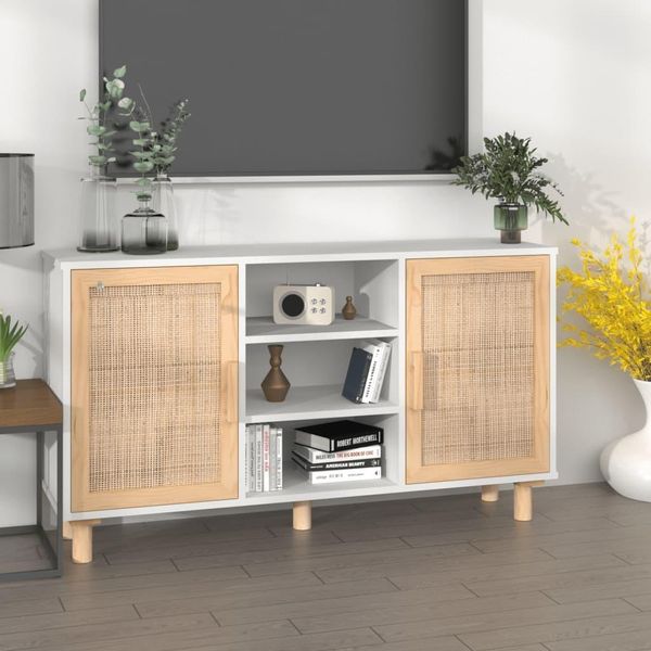 Vidaxl Credenza Bianca 105X30X60 Cm In Pino Massiccio E Rattan Naturale-image