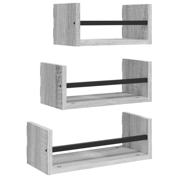 Set Di Mensole Da Parete A 3 Pezzi Con Aste Materiale In Legno Grigio Sonoma-image