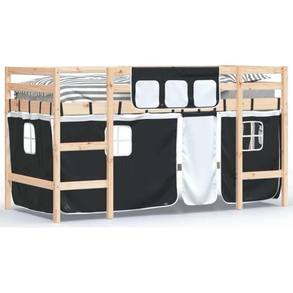 Letto A Soppalco Per Bambini Con Tende Bianco Nero 90X200Cm In Legno Di Pino-image