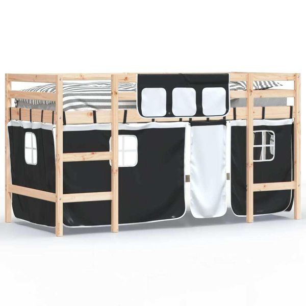 Vidaxl Letto A Soppalco Per Bambini Con Tende Bianco E Nero In Legno Di Pino Massiccio-image