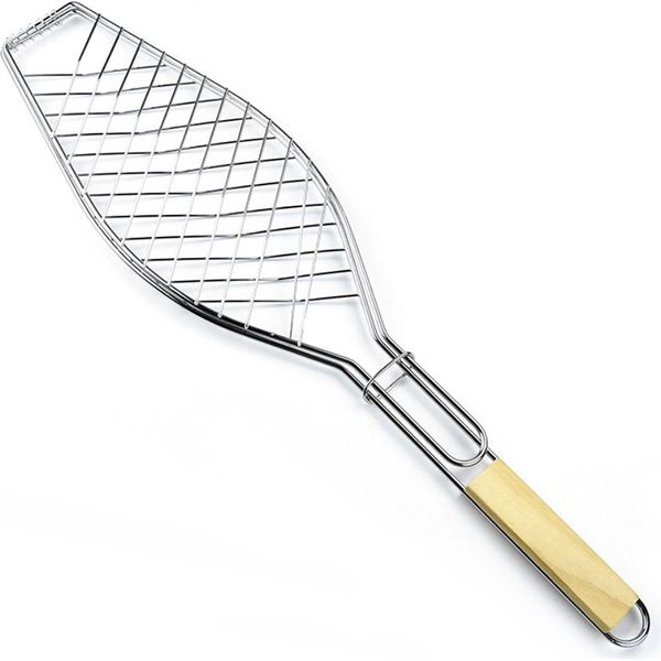 36 X 15 Cm, Griglia Per Pesce Con Manico In Legno, Cesto Per Pesce Per Barbecue, Supporto Per Pesce Con Pinza, Pinze Per Grigliare Verdure E Gamberi, Pinze Per Pesce Pieghevoli, Accessori Per Barbecue, Griglia Per Pesce-image