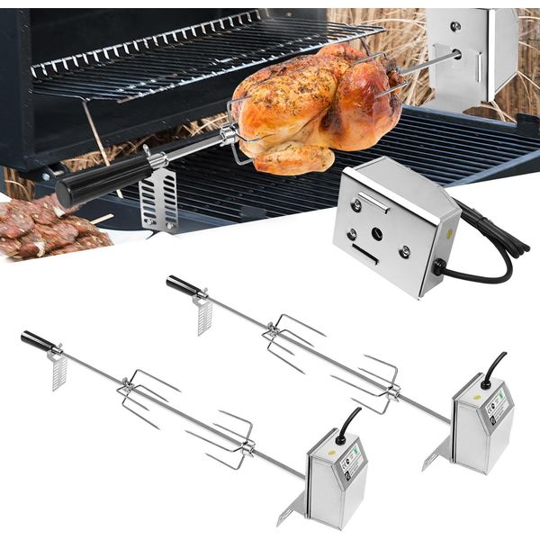 Yuenfong Spiedo Per Girarrosto In Acciaio Inox, Set Di Spiedo Per Girarrosto Di Alta Qualità Con Moto 220V - 240V, Incl. 2X Forchette Per Carne, Girarrosto In Acciaio Inox,Spiedo Per Girarrosto, Argento-image