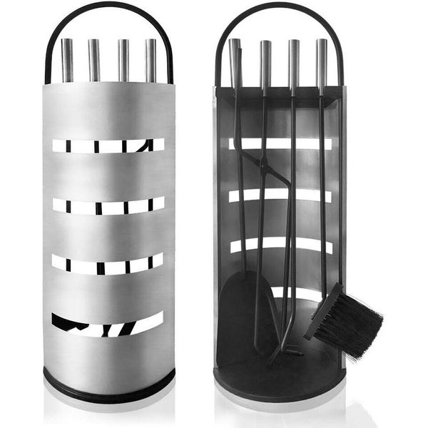 Set Per Caminetto Yuenfong Set Di Accessori Per Caminetto Moderno In Acciaio Inox Da 5 Pezzi, Inclusi Scopa, Pala, Attizzatoio, Pinze E Supporto Con Schermo Per La Privacy, Argento-image