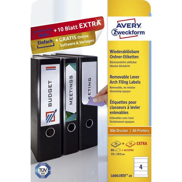 Avery Zweckform® L6061REV-20 L6061REV-20 Etichette Per Cartelle, 59 X 192 Mm, Cartelle Larghe (Corte), 30 Fogli/120 Etichette, Bianco-image
