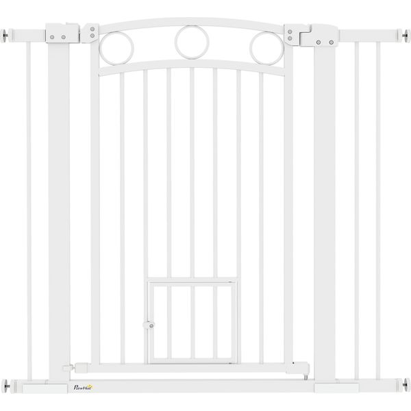 Cancelletto Di Sicurezza Per Cani Pawhut, Cancelletto Per Scale Da 76-104 Cm Senza Foratura, Cancelletto Per Scale Con Serratura E Porta Per Gatti, Cancelletto Di Sicurezza Per Tutti I Cani Di Taglia Grande, Acciaio, Bianco-image