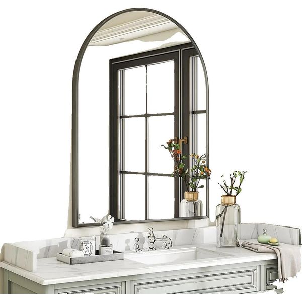 Specchio Da Parete, Design Moderno Rettangolare, Facile Da Installare, Curvo 96X66Cm Nero, Alluminio-image