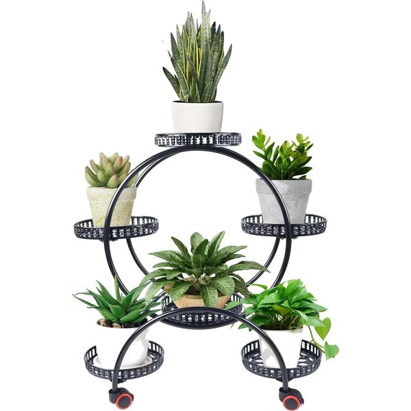 Supporto Per Piante, Design A 4 Livelli, Mobile Con Ruote, Nero-image