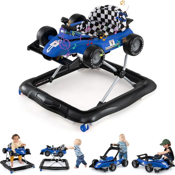 Costway Girello 4 In 1, Girello Pieghevole, Girello Con Volante E Carillon, Girello Con Ruote Per Bambini Dai 6 Ai 18 Mesi, Blu-image