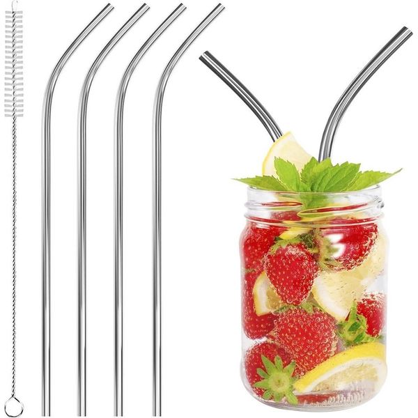 Cannucce Riutilizzabili In Acciaio Inox Intirilife - 4X Cannucce In Metallo Con Spazzola Di Pulizia Argento-image