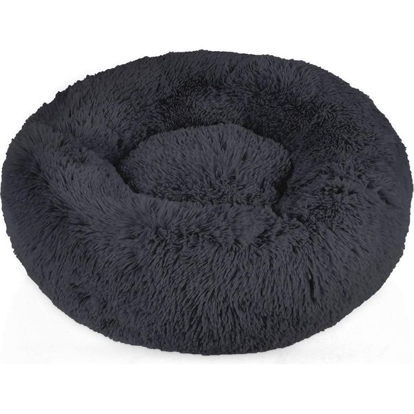 Intirilife, Soffice Lettino In Peluche Grigio Scuro Diametro 80 Cm - Morbido Cuscino Rotondo Antiscivolo Per Cani E Gatti, Comodo Divano Per Cani E Gatti-image