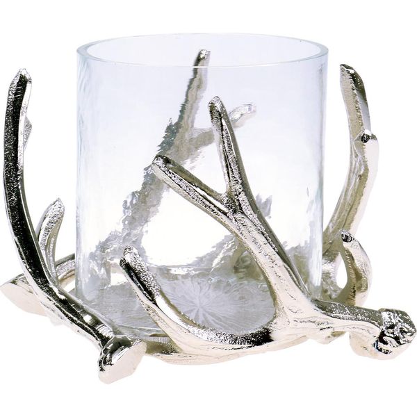 Lanterna Argentata Con Decorazione In Corno Per Candele E Tea Light, Ø16Cm H11Cm, Decorazione Da Tavolo-image