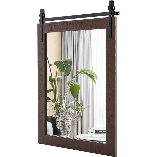 Costway Specchio Rettangolare Con Cornice In Legno, 76,5X56 Cm, Specchio Da Parete Rustico, Specchio Infrangibile Da Appendere Con Staffa In Metallo, Per Corridoio, Marrone Scuro-image