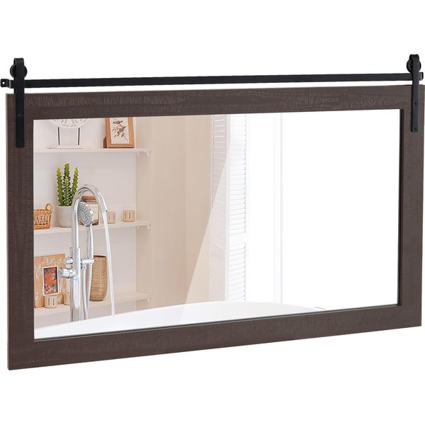 Costway Specchio Rettangolare Con Cornice In Legno, 100 X 66 Cm, Specchio Da Parete Rustico, Specchio Infrangibile Da Appendere Con Staffa In Metallo, Per Corridoio, Marrone Scuro-image