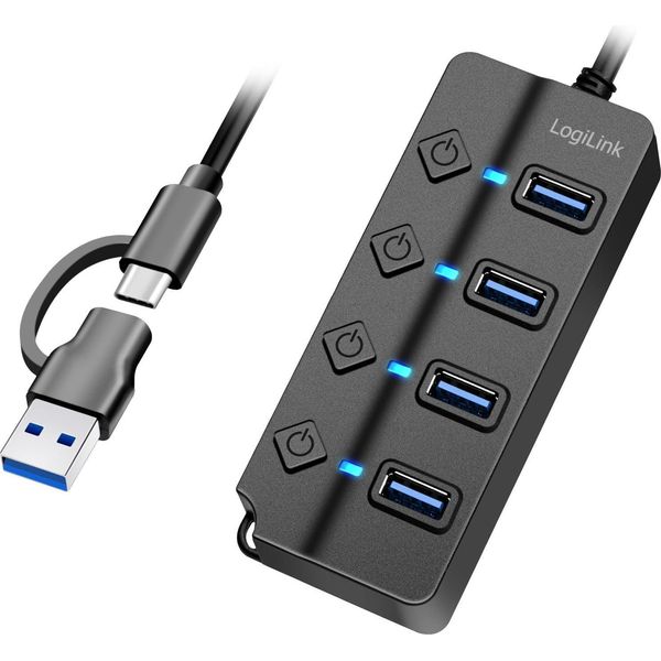 Logilink Logilink Usb 3.0 Hub, 4-Port, W/ Switch For Each Port, Black-image