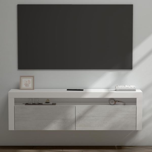 Doporro Mobile Porta Tv Sospeso 160 Cm Calcestruzzo Bianco, Mensola Tv Da Parete Con Vano A Giorno E Ante A Ribalta Per Soggiorno Salotto, Design Salvaspazio Fernsehschrank01-image