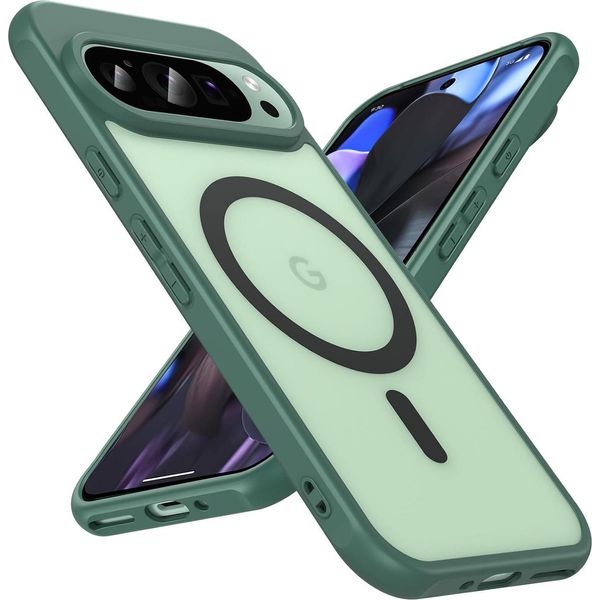 Custodia Magnetica Per Google Pixel 9 Pro Cover Magsafe Copertura Protettiva Telaio In Tpu Antiurto Forte Anello Magnetico, Verde-image