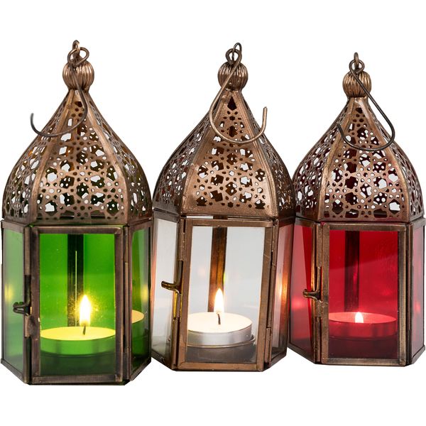 Lanterne Orientali 3 Set Lanterna Meena Colorata 16Cm | 3X Lanterna Orientale In Metallo E Vetro In 3 Colori | Lanterna Marocchina In Vetro Per Esterni Come Lanterna Da Giardino In Rosso - Trasparente - Verde-image