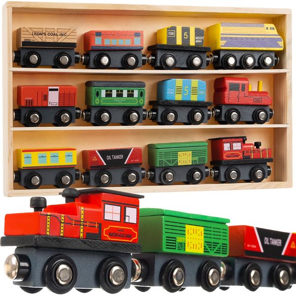 Set Ferroviario In Legno Con Organizer 3 Locomotive 9 Vagoni Ferrovia Magnetica Montessori 23522-image
