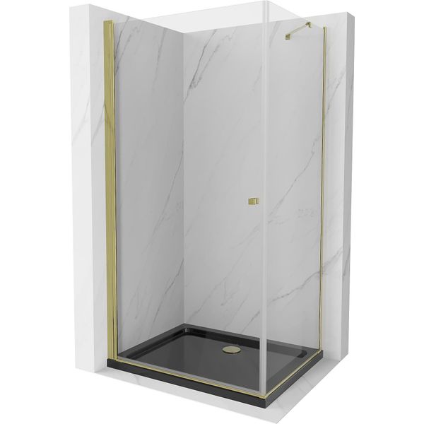Mexen Pretoria Cabina Doccia A Battente 80 X 90 Cm, Trasparente, Oro + Piatto Doccia Flat, Nero - 852-080-090-50-00-4070G-image