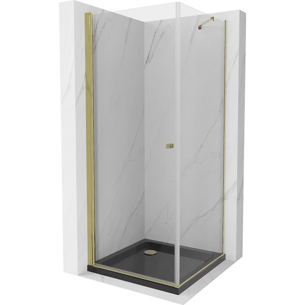 Mexen Pretoria Cabina Doccia A Battente 80 X 80 Cm, Trasparente, Oro + Piatto Flat, Nero - 852-080-080-50-00-4070G-image