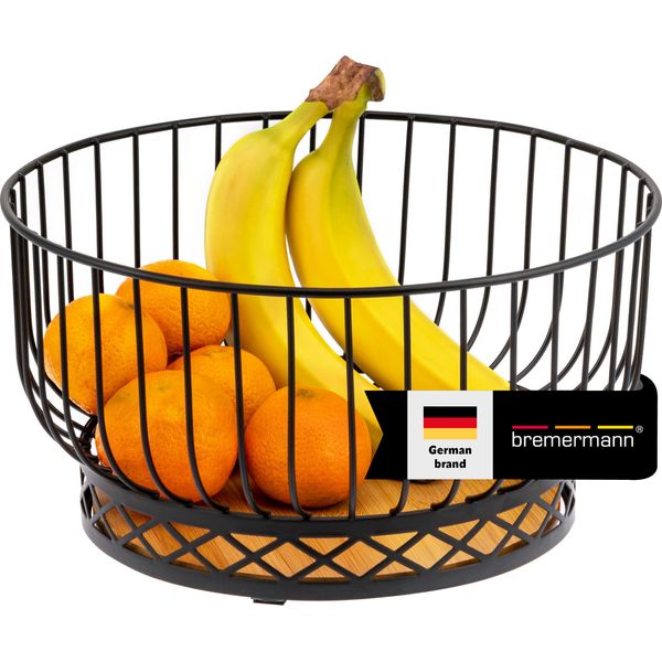 Cesto Di Frutta Bremermann, Fruttiera Rotonda, Ø Circa 28,5 Cm, Nero Opaco, Base In Bambù-image