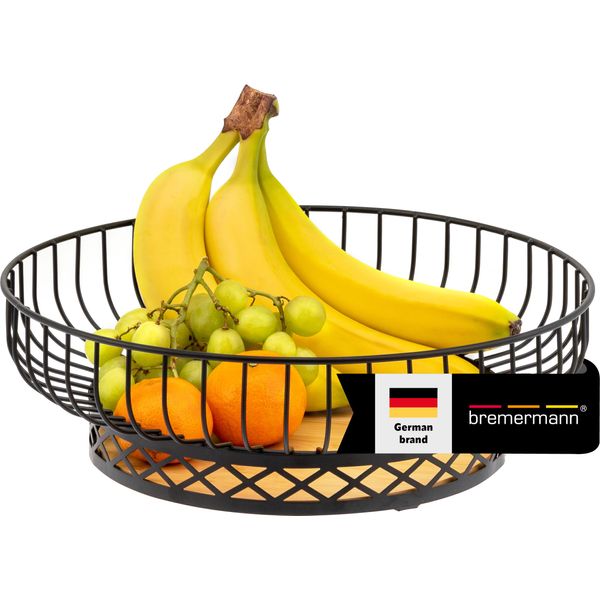 Cesto Di Frutta Bremermann, Fruttiera Rotonda, Ø Circa 33,5 Cm, Nero Opaco, Base In Bambù-image