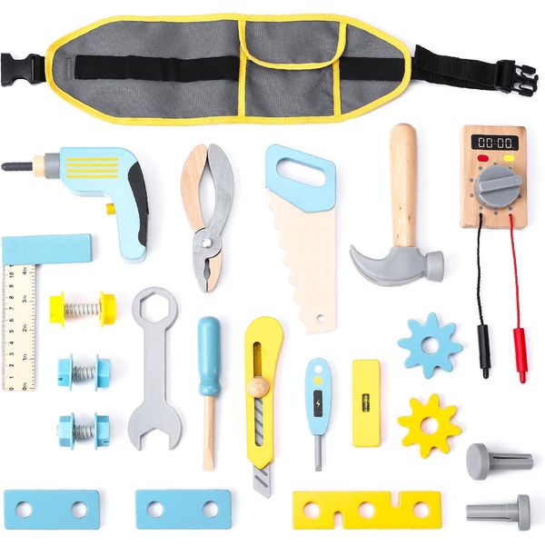 Umu® Utensili In Legno Per Bambini 25 Pezzi - Cintura Porta Attrezzi Per Bambini Da 2, 3, 4, 5 Anni-image