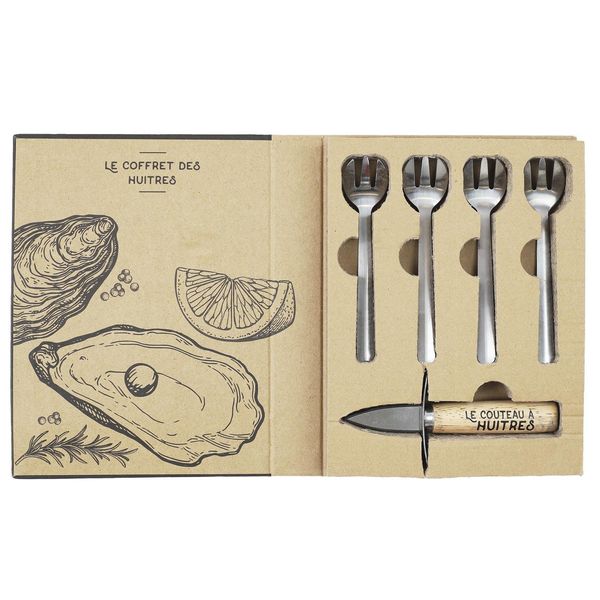 Set Per Ostriche Con Coltello E Forchette - Set Completo Per L'apertura Delle Ostriche - Include 4 Forchette In Acciaio Inox E Coltello Per Ostriche Con Manico In Legno - Marrone-image