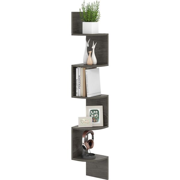 Costway Scaffale Angolare Sospeso A 5 Livelli, Libreria Galleggiante, Scaffale Galleggiante, Organizzatore Di Spazi In Legno, Espositore, 20X20X126Cm, Grigio-image