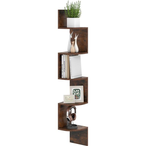 Costway Scaffale Angolare Sospeso A 5 Livelli, Libreria Galleggiante, Scaffale Galleggiante, Organizzatore Di Spazio Di Archiviazione In Legno, Espositore, 20X20X126Cm, Marrone-image